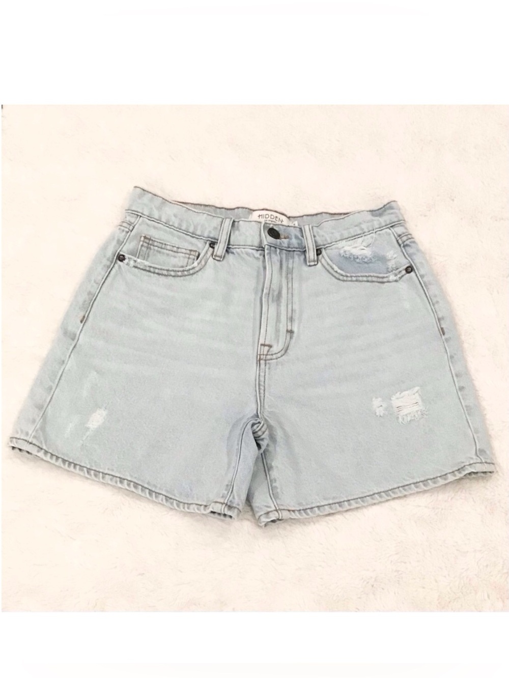 Hidden Small High Rise Women's Denim Shorts Distressed Light Wash HD4179M-LT